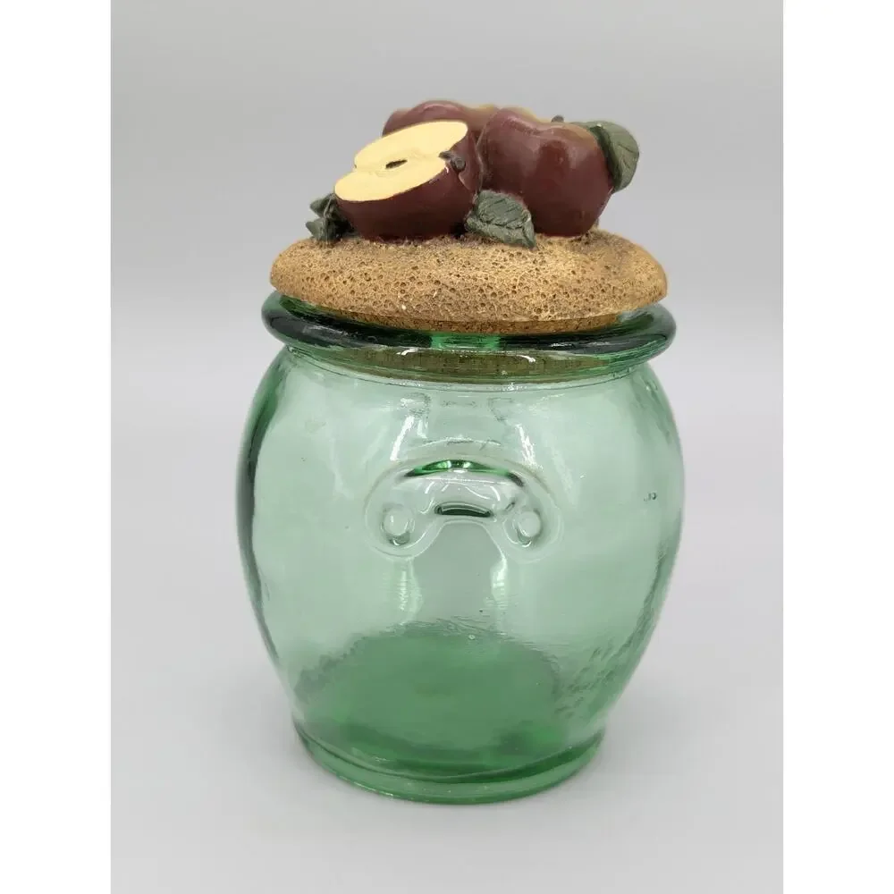 Green Embossed Kitchen Glass Storage Jar With Decorative Apples Cork Lid 7